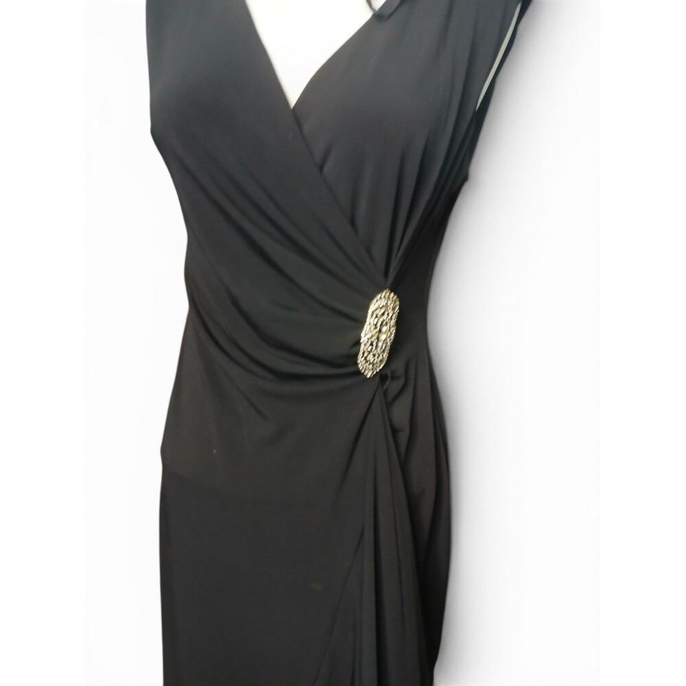 Enfocus Studio Black Ruched Midi Dress Rhinestone Brooch V-Neck Women's Size 8 - Picture 3 of 8